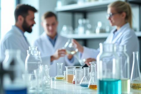 Experienced formulators mixing ingredients in glass beakers and containers in a clean, modern lab setting.