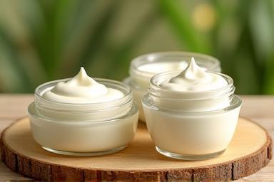 Smooth, creamy organic body lotions displayed in elegant glass jars on a natural wood surface.
